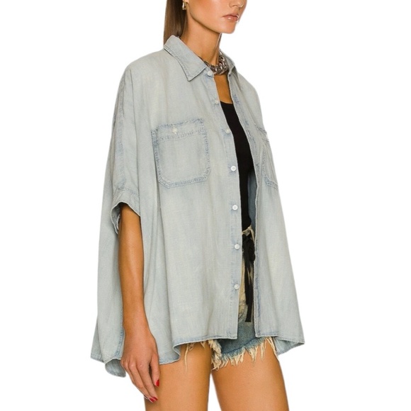 R13 FADED DENIM BLUE OVERSIZED BOXY BUTTON UP SHORT SLEEVE SHIRT - Picture 2 of 16